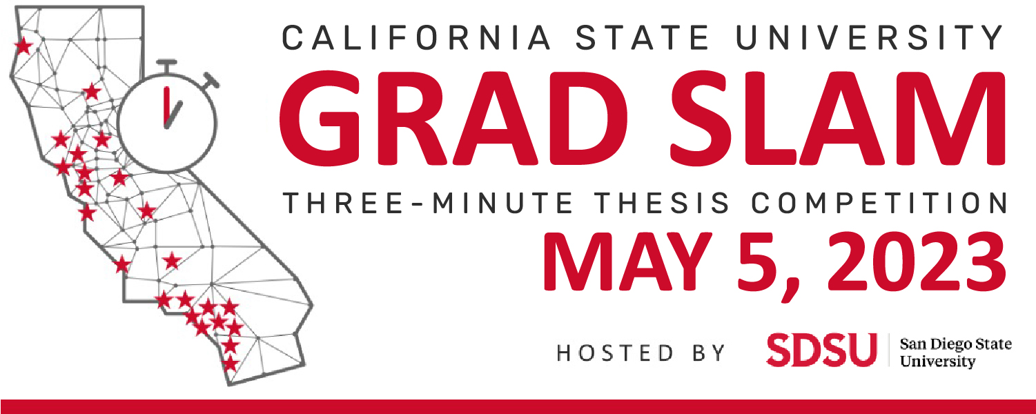 Logo for the 2023 CSU Grad Slam with an outline of California and a clock as cover image for YouTube video of event recording